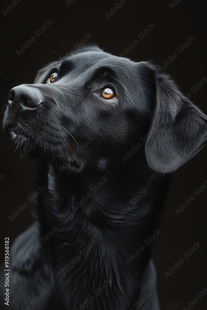 Side profile of a black dog, studio lighting, dark background, focused expression, sharp details Side profile of a black dog, studio lighting, dark background, focused expression, sharp details