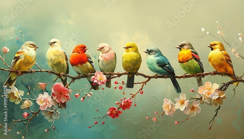 Seven colorful birds on a branch with blossoms, soft lighting, whimsical illustration photo