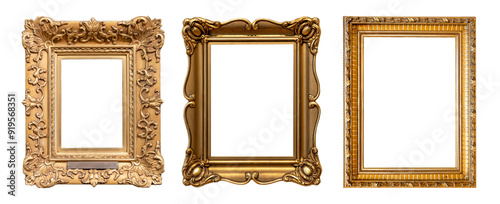 Set of three different empty blank old fashioned gold painting frames antique fancy ornamental cut out stylish vertical golden picture photo frames isolated on white background, objects top front view