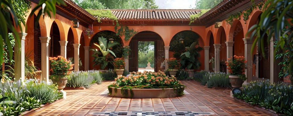 Obraz premium Mediterranean villa with a tiled courtyard.