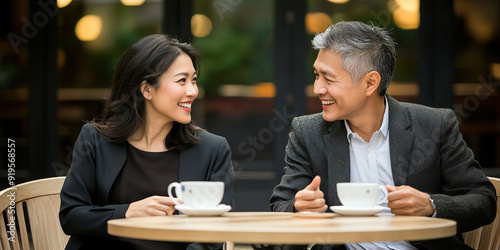 Asian couple sitting at outdoor cafe, talking and laughing over coffee