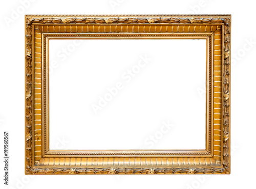Small empty blank gold gilded decorative art painting frame, isolated, copy space middle cut out, template. Art exhibition gallery museum picture framing golden old fashioned classical style design