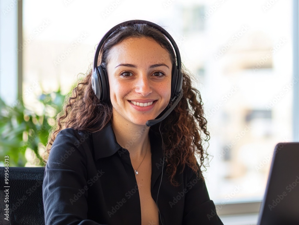 Cheerful woman in casual headset attire working desk. Cheerful woman in casual headset attire working desk.