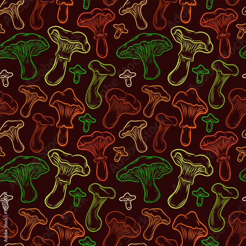 Seamless pattern of chanterelle mushrooms in line art style, line, autumn, harvest, vector