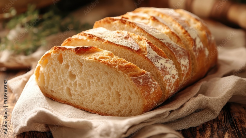 Rustic Artisanal Sliced Bread Loaf on Cloth Napkin with Natural Textures on Wooden Background, Warm Tones Bakery Concept Rustic Artisanal Sliced Bread Loaf on Cloth Napkin with Natural Textures on Wooden Background, Warm Tones Bakery Concept