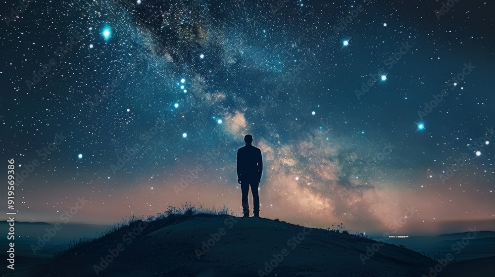 The Majesty of Nature: A Man Stands on a Hilltop Under a Starry Sky The Majesty of Nature: A Man Stands on a Hilltop Under a Starry Sky