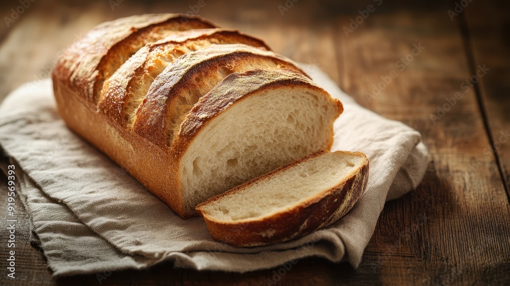 Rustic Artisan Sliced Bread Loaf on Cloth Napkin with Warm Tones and Natural Textures Rustic Artisan Sliced Bread Loaf on Cloth Napkin with Warm Tones and Natural Textures