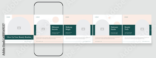 Spa beauty parlor carousel post template, creative beauty Instagram carousel template design, Linkedin social media post content creator template for skincare and beauty