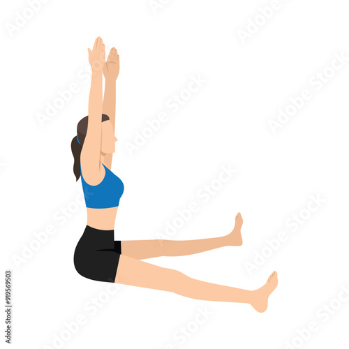 Woman doing Seated Straddle Pose Arms Raised or Upavistha Konasana Uttana Hasta. Flat vector illustration isolated on white background