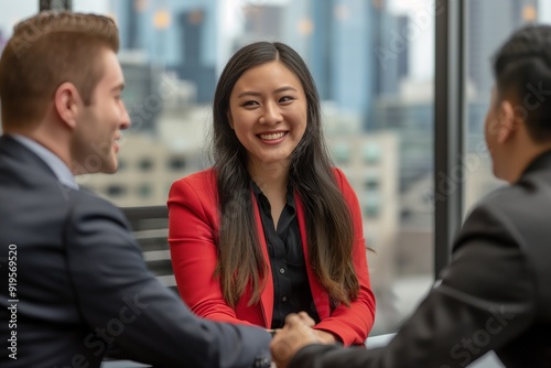 Diverse business colleagues smiling and looking at each other in an office.