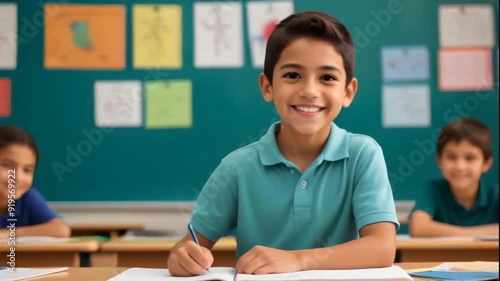Loop young boy classroom desk back to school education looping video