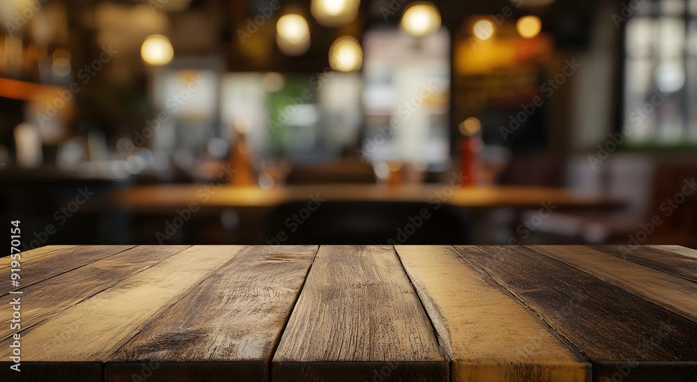 Empty Wooden Table Top with Blurred Restaurant Background Empty Wooden Table Top with Blurred Restaurant Background