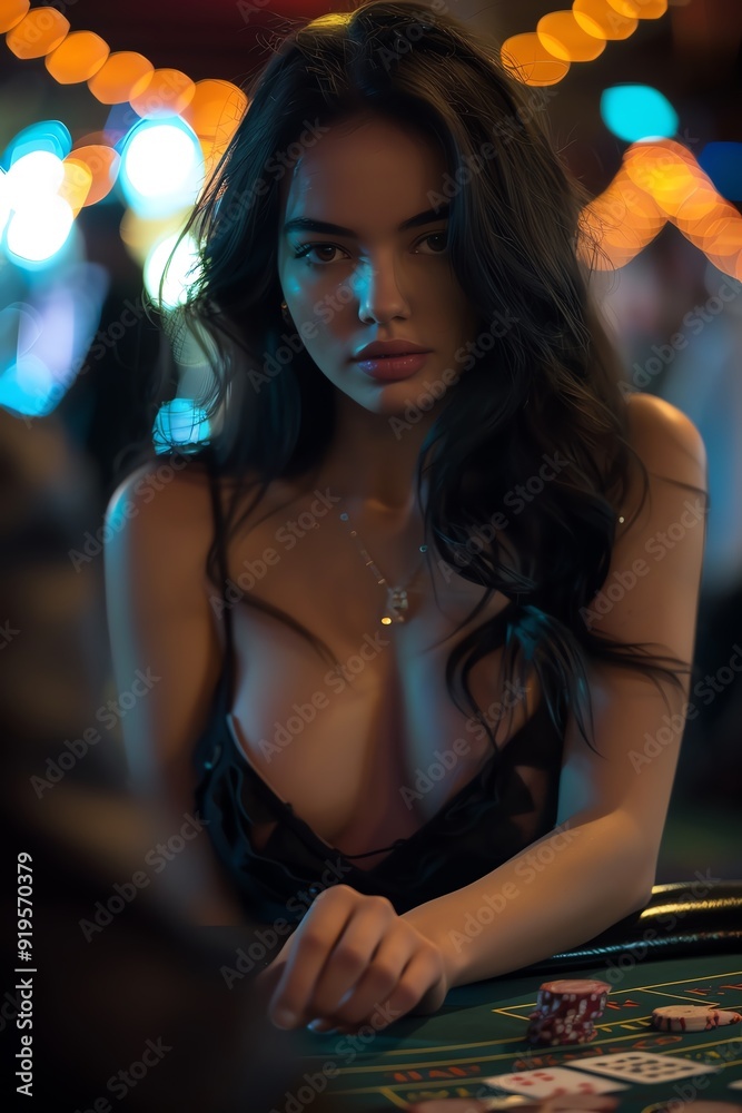 Fototapeta premium Woman at casino table, intense gaze, warm lighting