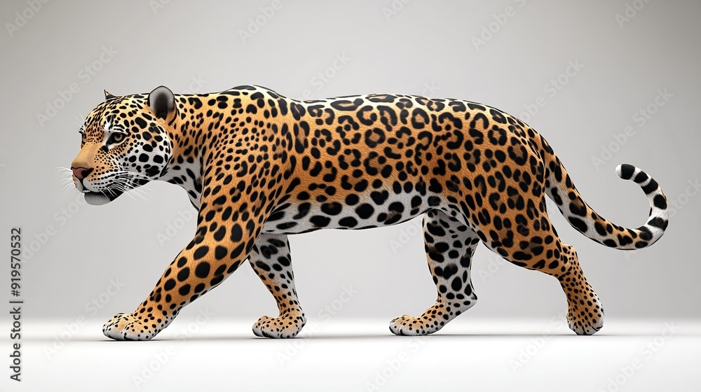 A jaguar walks across a white background with its spots in full view. A jaguar walks across a white background with its spots in full view.