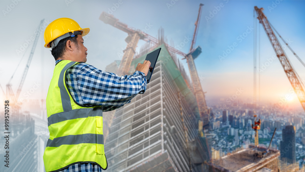 The man is focused on the tablet, A man wearing a yellow vest and a hard hat is looking at a tablet, The tablet is displaying a construction site with cranes and buildings.