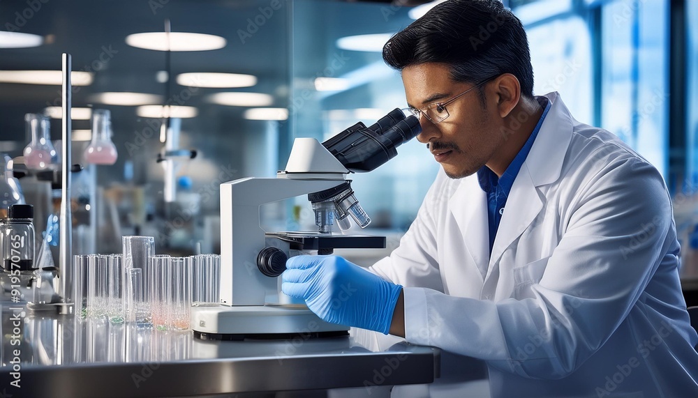 scientific precision in microbiology focused lab technician peers through microscope surrounded by test tubes and reagents sterile environment soft lighting on stainless steel surfaces scientific precision in microbiology focused lab technician peers through microscope surrounded by test tubes and reagents sterile environment soft lighting on stainless steel surfaces