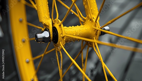 Yellow bicycle wheels, lowangle, closeup, monochromatic theme photo