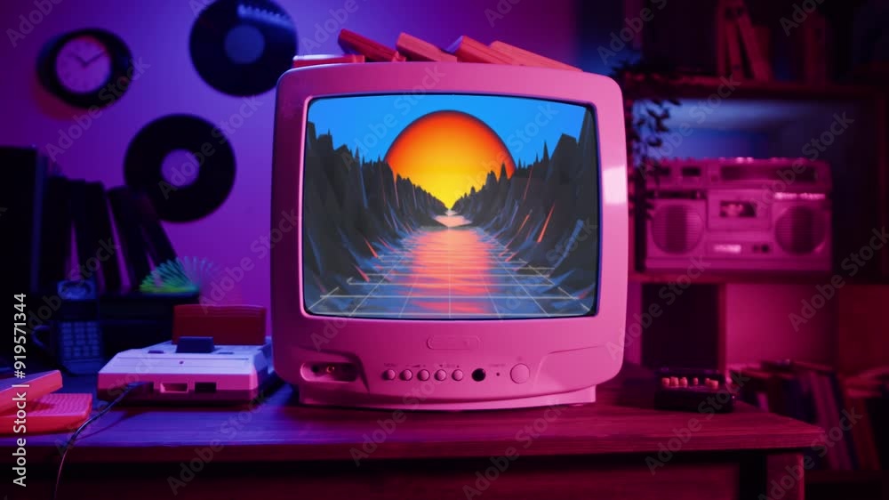 Retro TV with chroma key green screen, Old television studio close-up, Desktop vintage retro wave display, late 90s PC mock up for 3d motion design and advertising. 
