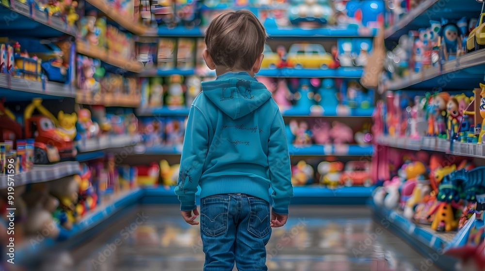 Child in a toy store aisle, gazing at shelves lined with colorful toy cars and vehicles, in a captivating shopping environment. Child in a toy store aisle, gazing at shelves lined with colorful toy cars and vehicles, in a captivating shopping environment.
