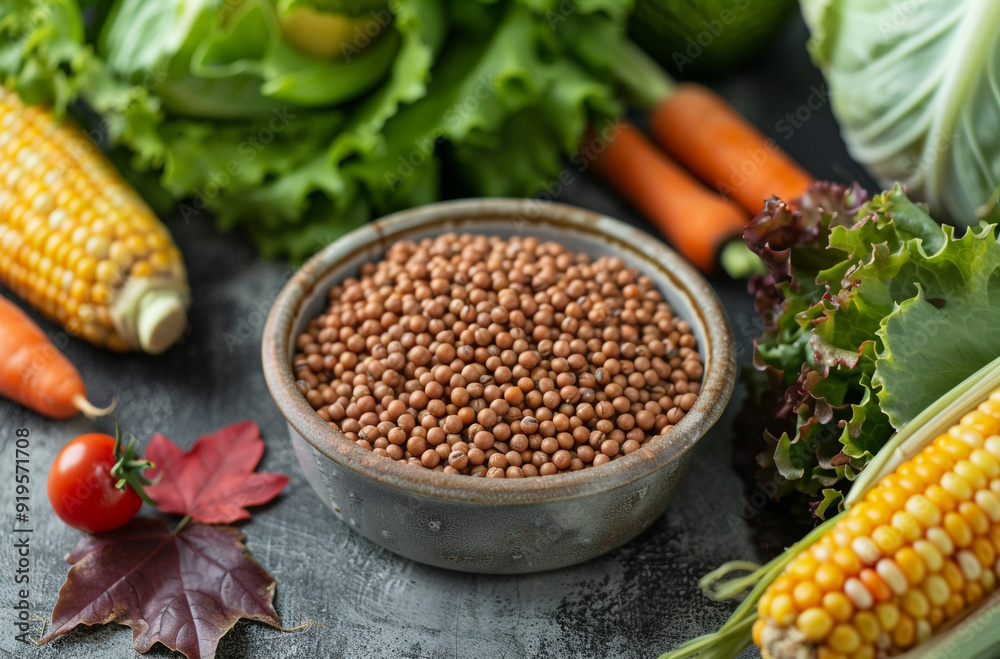A bowl of red peas with vegetables and carrots, green lettuce, and corn cobs on a gray concrete table A bowl of red peas with vegetables and carrots, green lettuce, and corn cobs on a gray concrete table