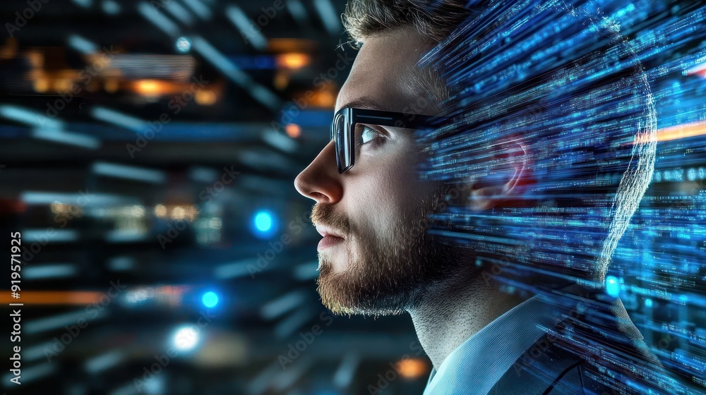 Man engaging with rapid data flow visual effects Man engaging with rapid data flow visual effects
