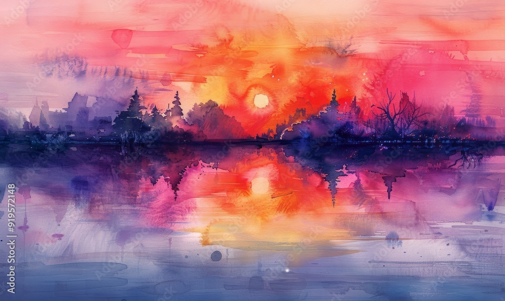 A painting of a sunset with a reflection of the sun on the water A painting of a sunset with a reflection of the sun on the water