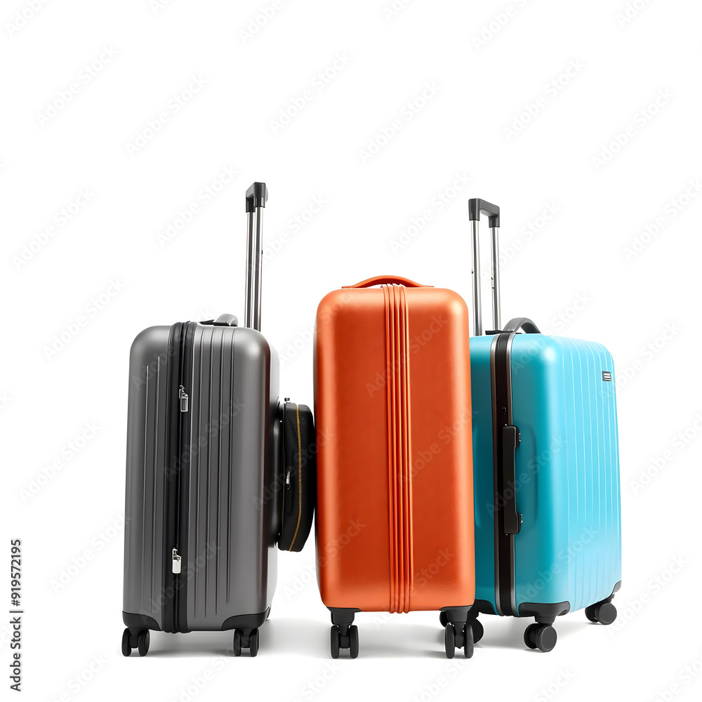 Stylish travel bags. Each suitcase features a retractable handle and wheels for easy mobility, set against a white background. Stylish travel bags. Each suitcase features a retractable handle and wheels for easy mobility, set against a white background.