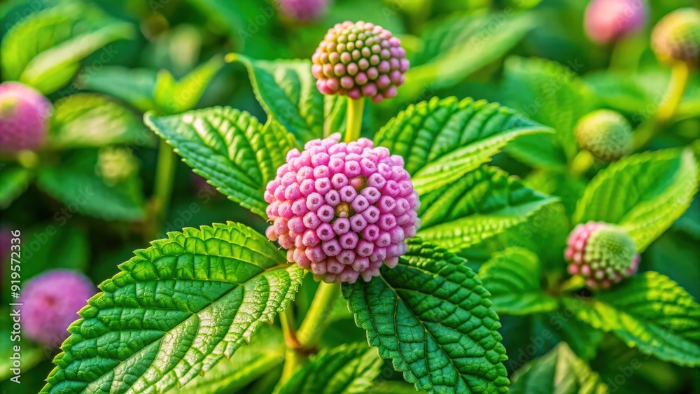 Close up of bubble gum plant lippia polystacha with vibrant green leaf , bubble gum plant, lippia polystacha, close up, macro Close up of bubble gum plant lippia polystacha with vibrant green leaf , bubble gum plant, lippia polystacha, close up, macro