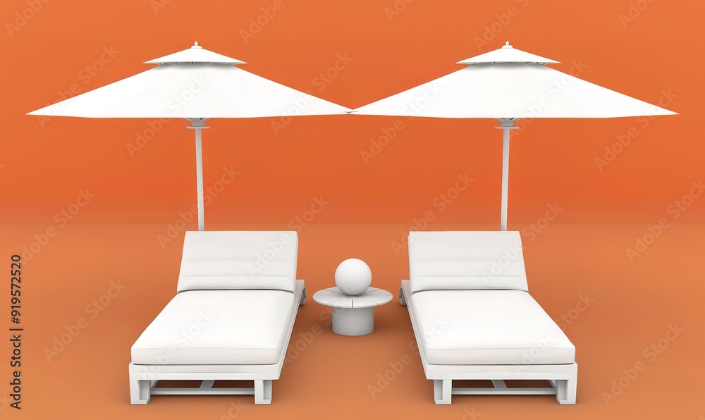 Two white lounge chairs with white umbrellas on a orange background. Perfect for relaxation and sunbathing. Two white lounge chairs with white umbrellas on a orange background. Perfect for relaxation and sunbathing.