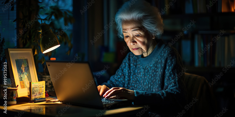 Elderly Asian woman using laptop computer at home office desk Elderly Asian woman using laptop computer at home office desk