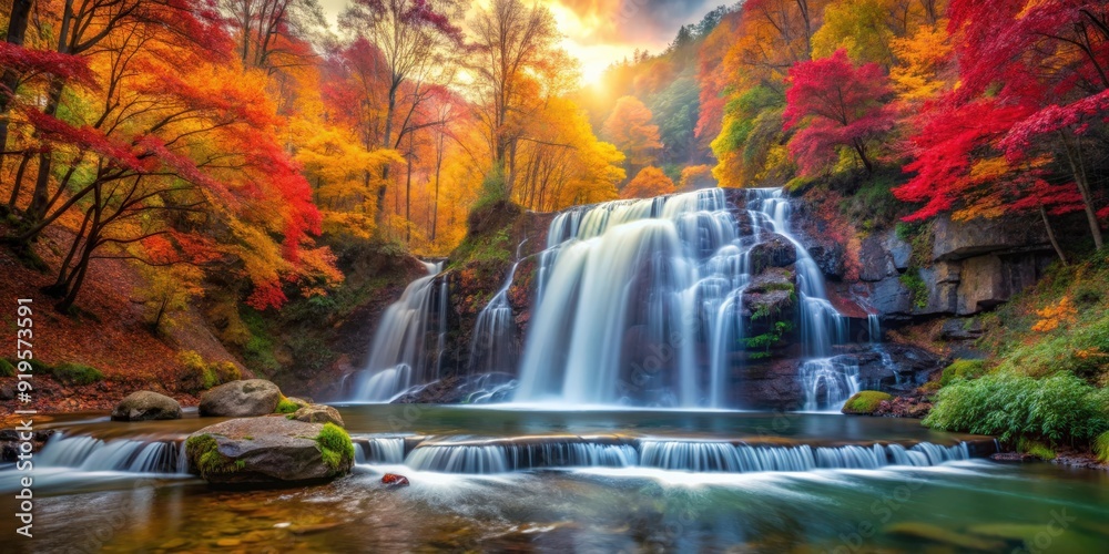 Obraz premium Amazing waterfall in a colorful autumn forest during fall season, Waterfall, amazing, nature, beautiful, forest, autumn, fall