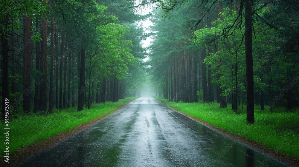 Fototapeta premium Quiet road after rain in pine forest, fresh and rejuvenating