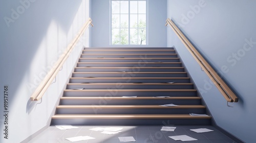 Anime style school stairs with scattered papers and sunlight streaming through a nearby window capturing the quiet between classes school life detail