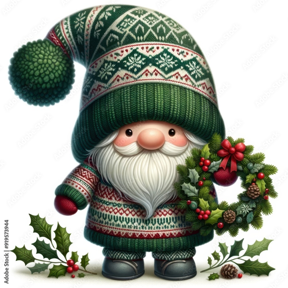 Fototapeta premium Garden gnome with blue hydrangea flowers. Watercolor illustration.