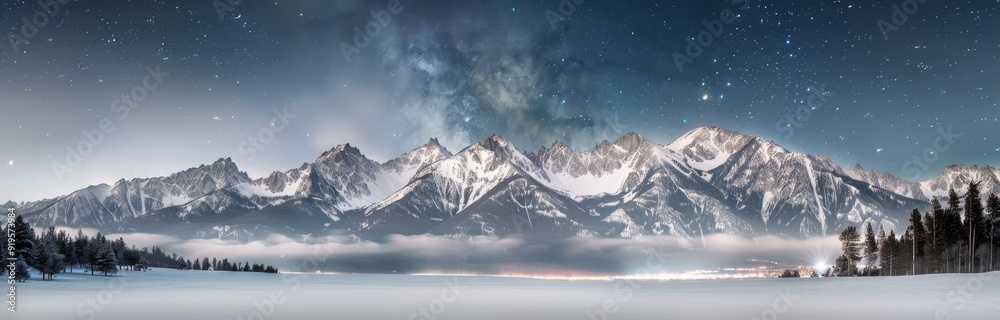 Snow-Capped Mountains Under Starry Sky at Night in Winter Landscape Snow-Capped Mountains Under Starry Sky at Night in Winter Landscape