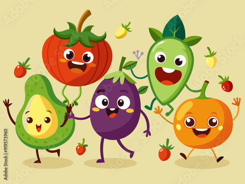 Vegetable character. Cartoon retro mascot vegetables. Funny green vitamin plant food, cute tomato, running pumpkin, healthy eggplant, nature avocado. Vector set 