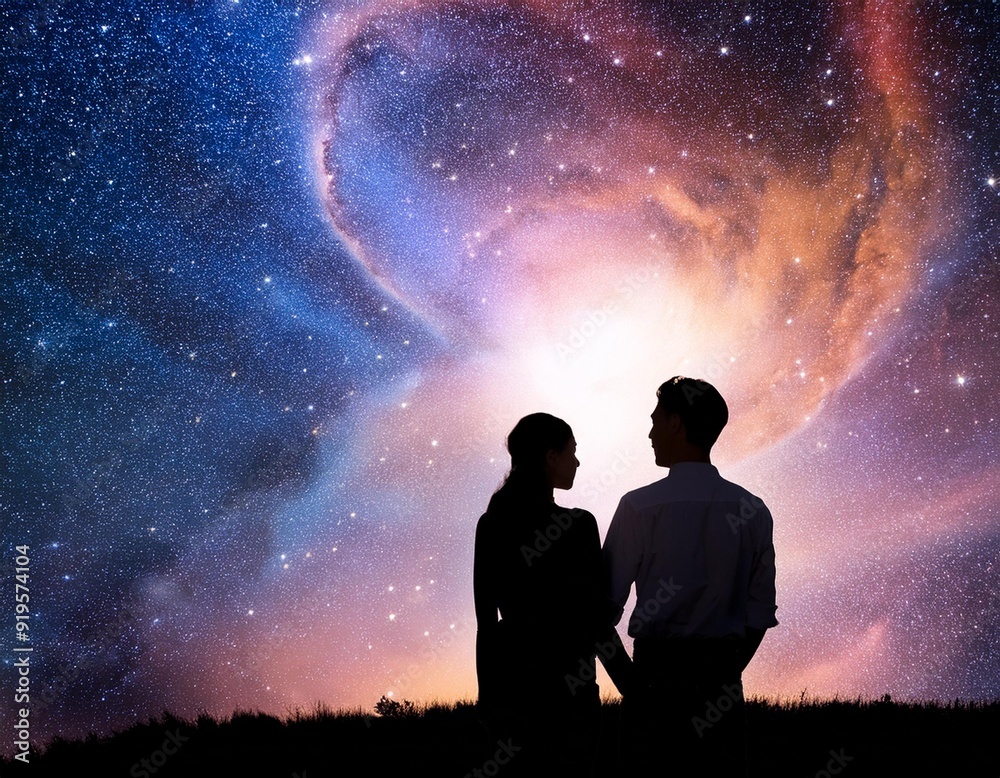 silhouettes of a man and woman against a cosmic background of swirling galaxies and nebulae the image evokes themes of connection spirituality and the vastness of the universe silhouettes of a man and woman against a cosmic background of swirling galaxies and nebulae the image evokes themes of connection spirituality and the vastness of the universe
