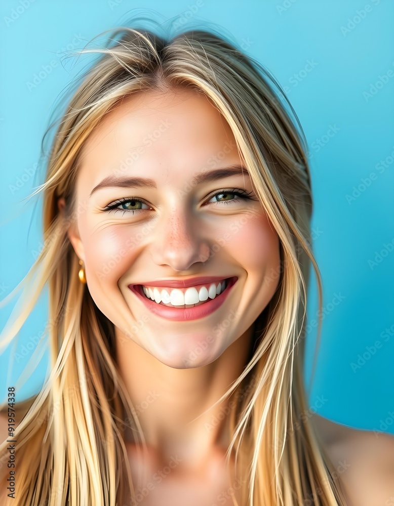 Radiant Woman with Windswept Hair Against a Blue Background Radiant Woman with Windswept Hair Against a Blue Background