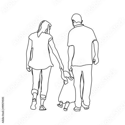 dessin en ligne continue d'une famille se tenant par la main, line art, vecteur