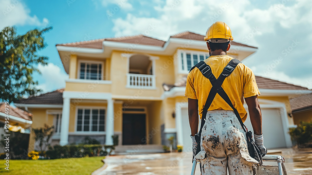 Painter Standing in Front of a Newly Painted House. Painter Standing in Front of a Newly Painted House.