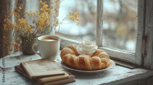 Cozy Morning with Pastries and Coffee, Creating a Warm and Inviting Atmosphere for Relaxing in Afternoon Light, Close-Up of Croissants and Books by the Window with a Beautiful Landscape Outside