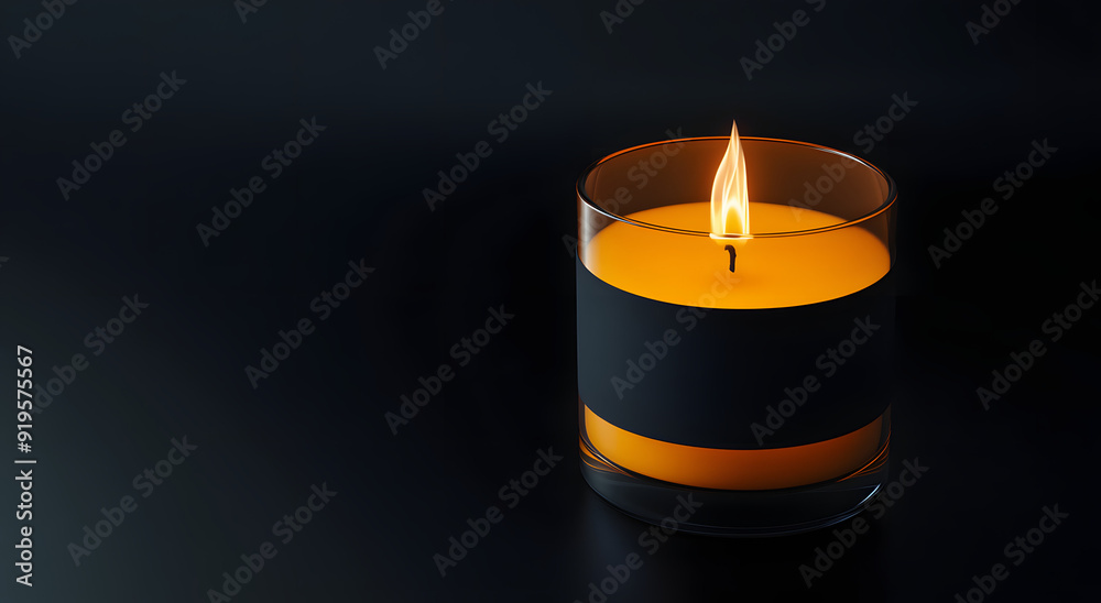 Candle in Glass with Black Label Isolated on Dark Background Candle in Glass with Black Label Isolated on Dark Background