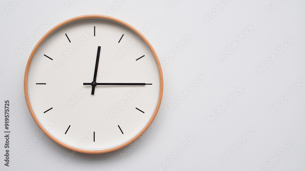 Minimalist wooden Wall Clock on White Wooden Surface with Space for Text – Time Set at 00.15/12.15 Minimalist wooden Wall Clock on White Wooden Surface with Space for Text – Time Set at 00.15/12.15