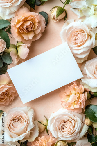 White inivitation card with flowers, top view, aesthetic, cinematic lighting, vibrant color. photo