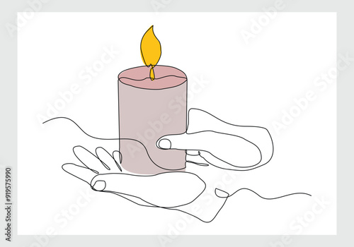 Continuous single line sketch drawing of hand holding aromatic therapy romantic burning candle light in glass jar. One line art of people carrying beautiful spa candle relaxation vector illustration