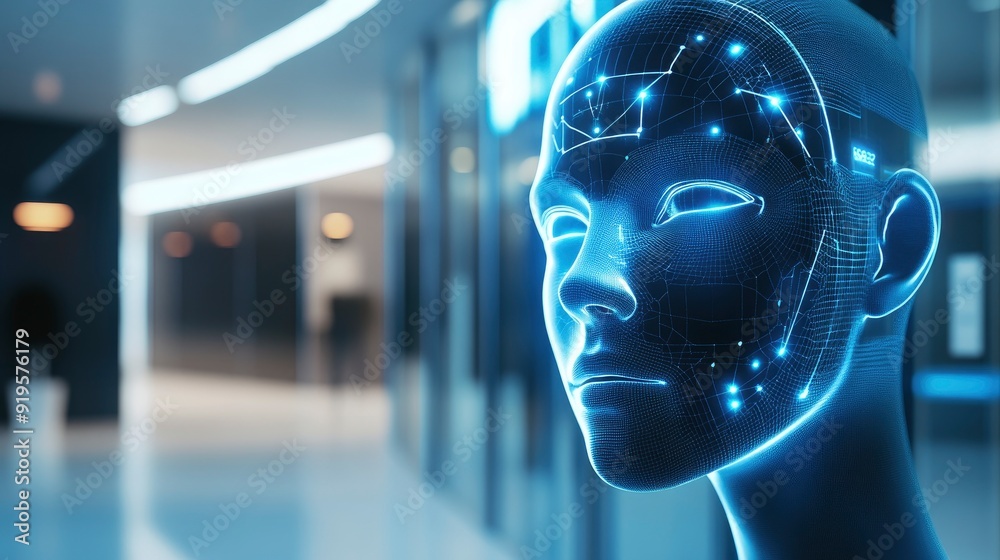 Color photo of a facial recognition scanner, sleek surface with a glowing sensor, placed in a corporate lobby, cool white lighting, photorealistic Color photo of a facial recognition scanner, sleek surface with a glowing sensor, placed in a corporate lobby, cool white lighting, photorealistic