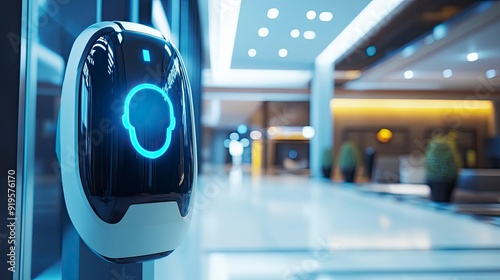 Color photo of a facial recognition scanner, sleek surface with a glowing sensor, placed in a corporate lobby, cool white lighting, photorealistic