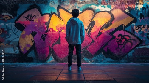 Color photo of a teenager feeling rebellious, defiant expression with a bold stance, graffiti-covered wall, cool urban lighting, photorealistic