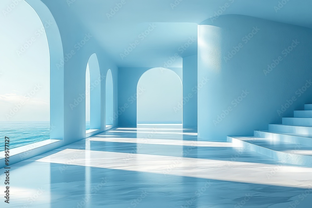 Serene Coastal Minimalism: A minimalist architectural interior with arches, a staircase and windows overlooking the ocean, rendered in calming blue hues. Ideal for showcasing product designs, branding Serene Coastal Minimalism: A minimalist architectural interior with arches, a staircase and windows overlooking the ocean, rendered in calming blue hues. Ideal for showcasing product designs, branding