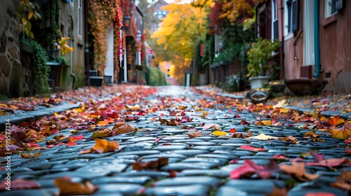 a charming, narrow street covered in cobblestones. The street is lined with buildings on both sides, and the ground is scattered with colorful autumn leaves in shades of red, orange, and yellow